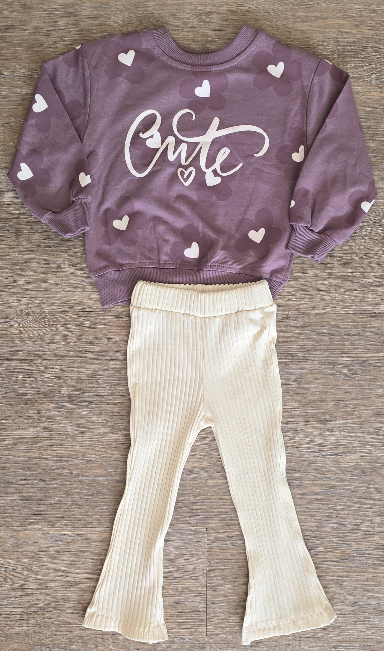 Ensemble fille 100% coton « Cute » – Sweat violet & pantalon évasé crème ref 5421 ALL FOR KIDS