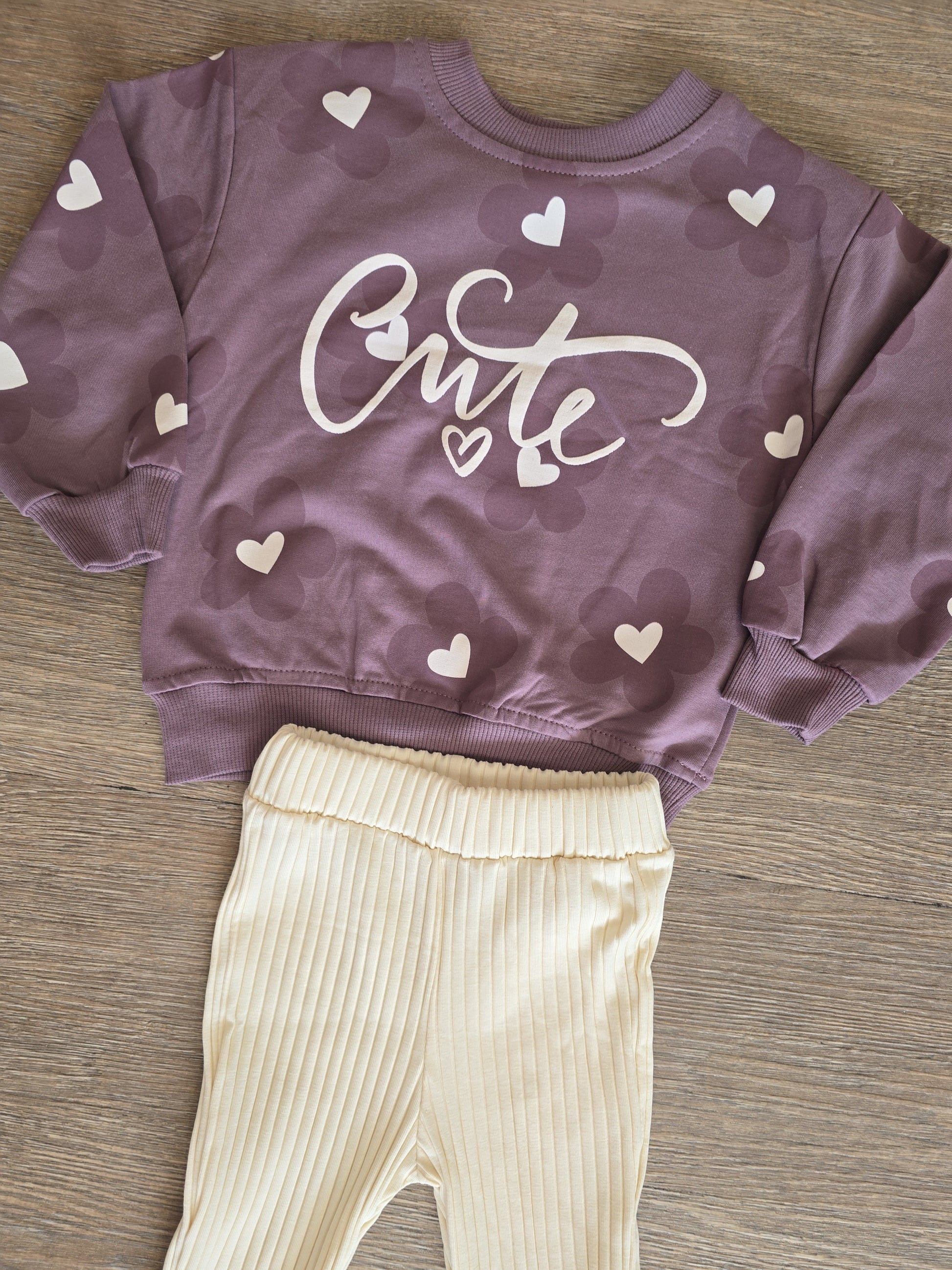 Ensemble fille 100% coton « Cute » – Sweat violet & pantalon évasé crème ref 5421 ALL FOR KIDS