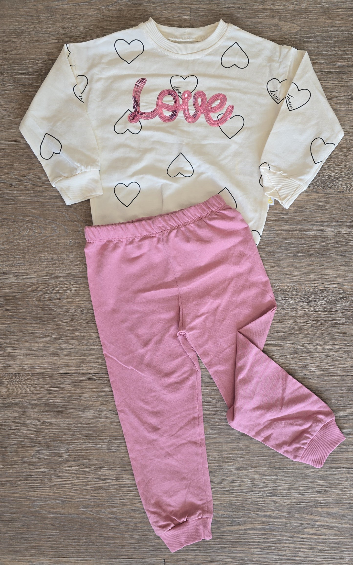 Ensemble fille 100% coton Sweat LOVE crème & pantalon rose confort ref 0030 ALL FOR KIDS