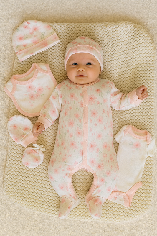 Coffret naissance fleuri 5 pièces Bébé fille 0/3 et 3/6 mois coton ref 6231 ALL FOR KIDS