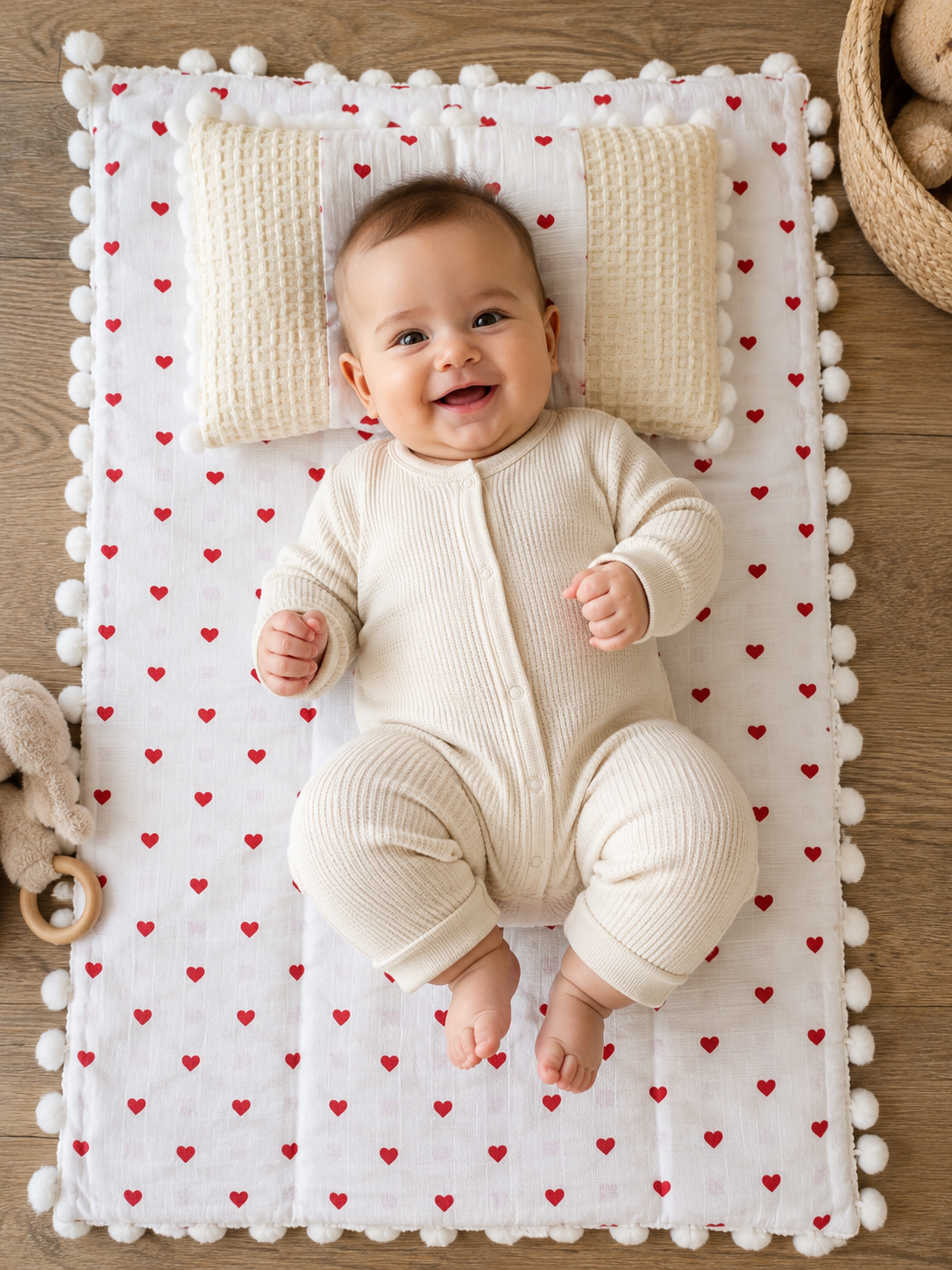 Matelas à langer nomade bébé en coton – Tapis de change portable avec coussin motif cœur ref 38 ALL FOR KIDS