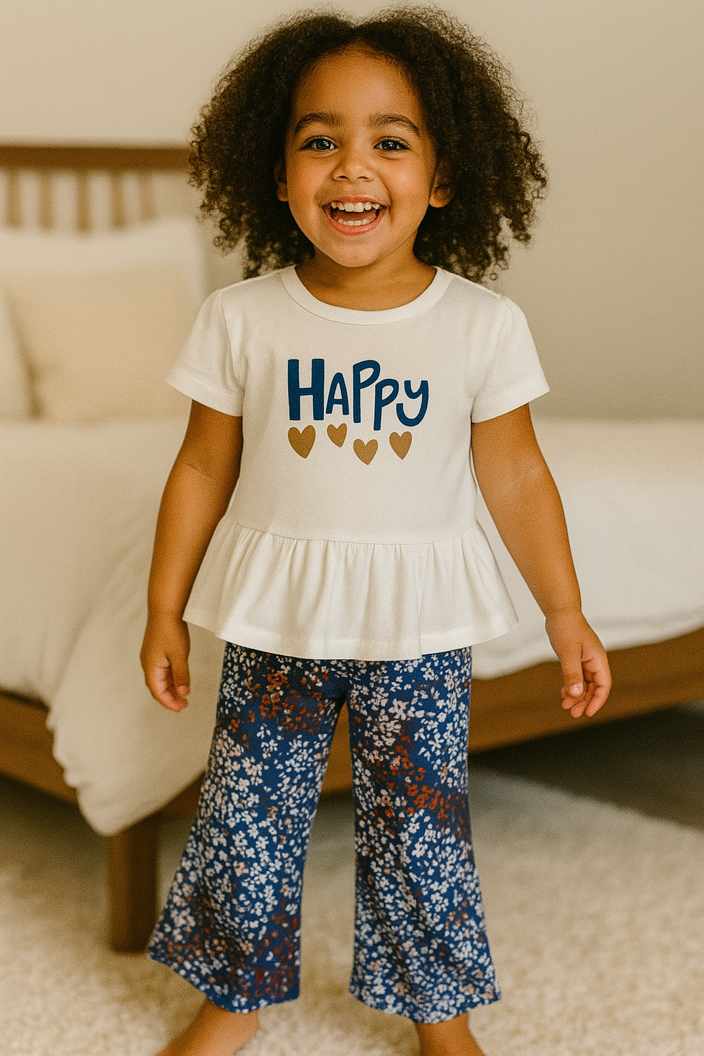 Ensemble fille été "Happy" tee-shirt volanté & pantalon fleuri ref 1363 ALL FOR KIDS