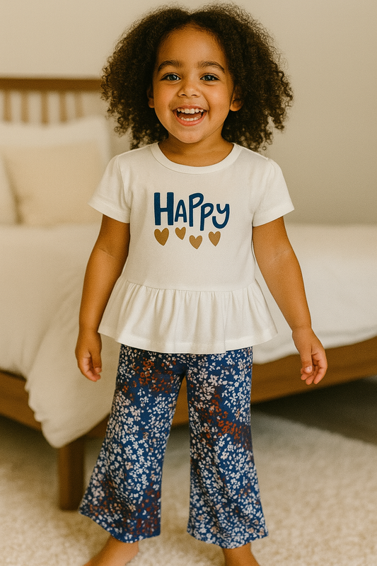 Ensemble fille été "Happy" tee-shirt volanté & pantalon fleuri ref 1363 ALL FOR KIDS