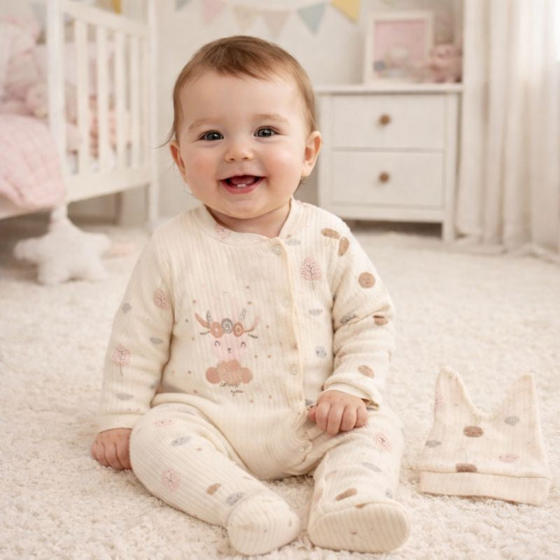 Pyjama bébé écru avec bonnet taille de 3 à 6 mois 100% coton ref 4546 ALL FOR KIDS