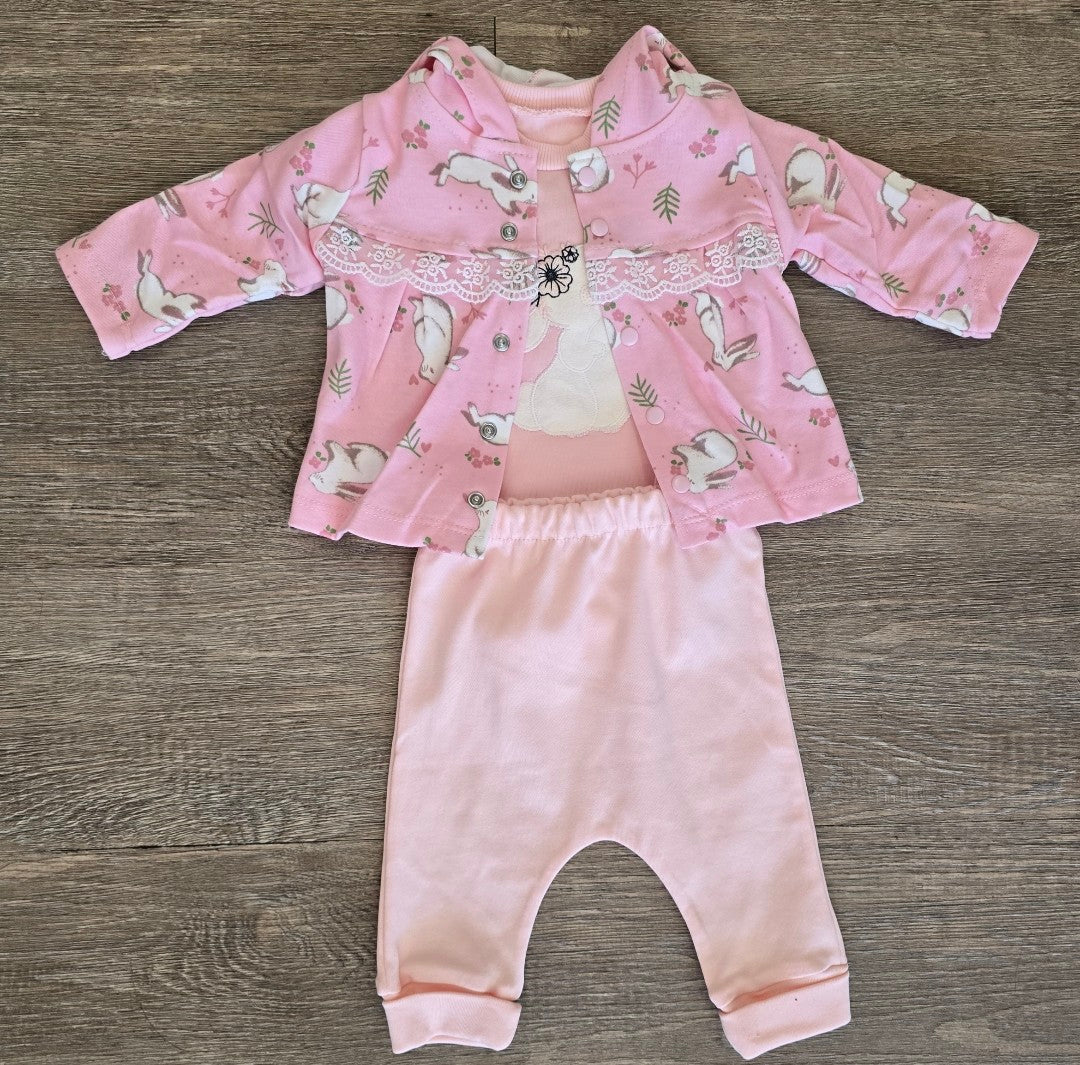 Ensemble bébé 3 pièces gilet imprimé lapin, body, pantalon 100 % coton taille de 0 à 6 mois ref 0460 ALL FOR KIDS