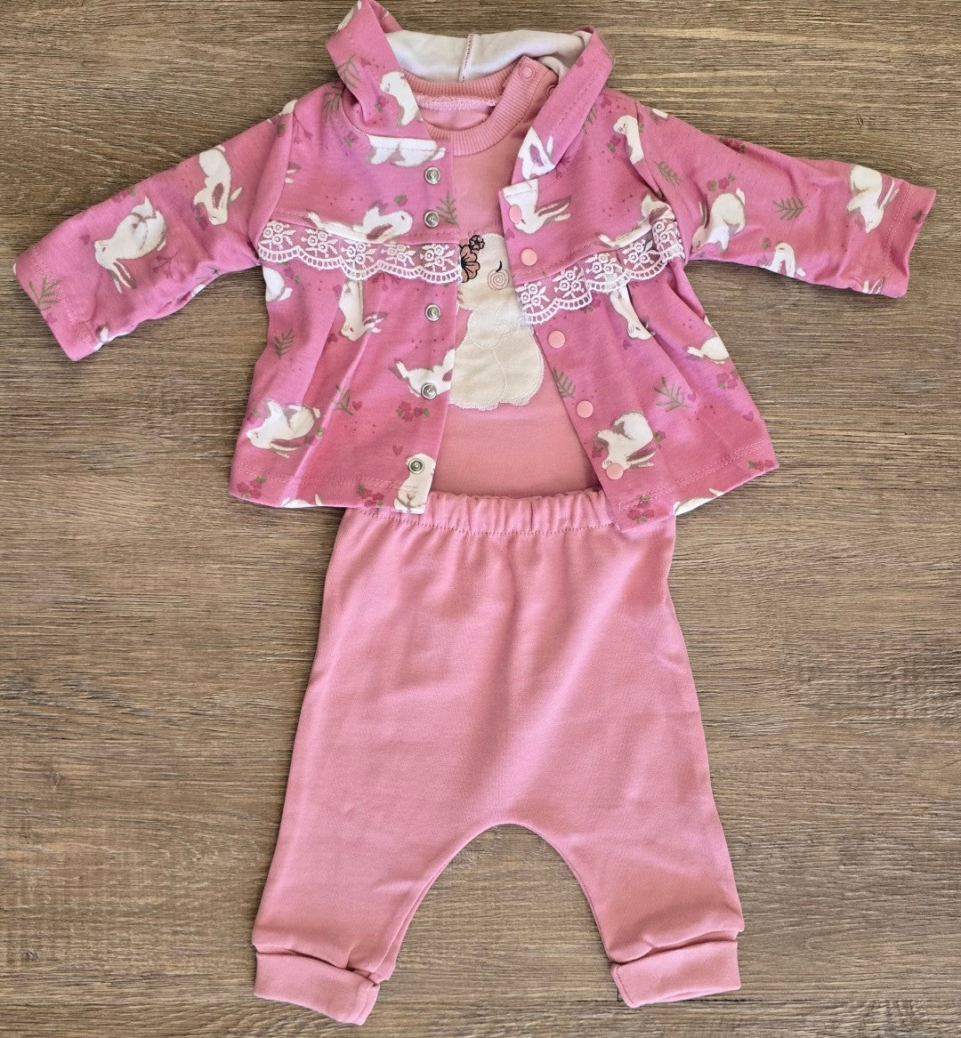 Ensemble bébé 3 pièces gilet imprimé lapin, body, pantalon 100 % coton taille de 0 à 6 mois ref 0460 ALL FOR KIDS