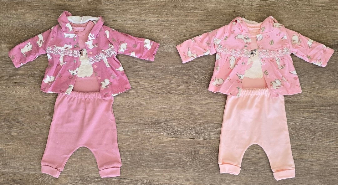 Ensemble bébé 3 pièces gilet imprimé lapin, body, pantalon 100 % coton taille de 0 à 6 mois ref 0460 ALL FOR KIDS