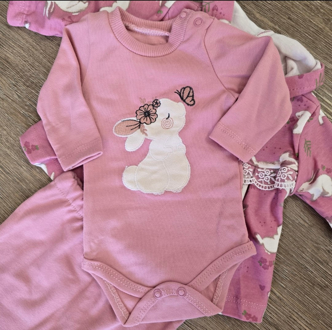 Ensemble bébé 3 pièces gilet imprimé lapin, body, pantalon 100 % coton taille de 0 à 6 mois ref 0460 ALL FOR KIDS