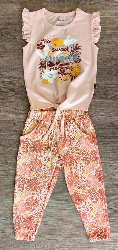 Ensemble fille été 100% coton tee-shirt noué et pantalon fluide fleuri ref 17257 ALL FOR KIDS