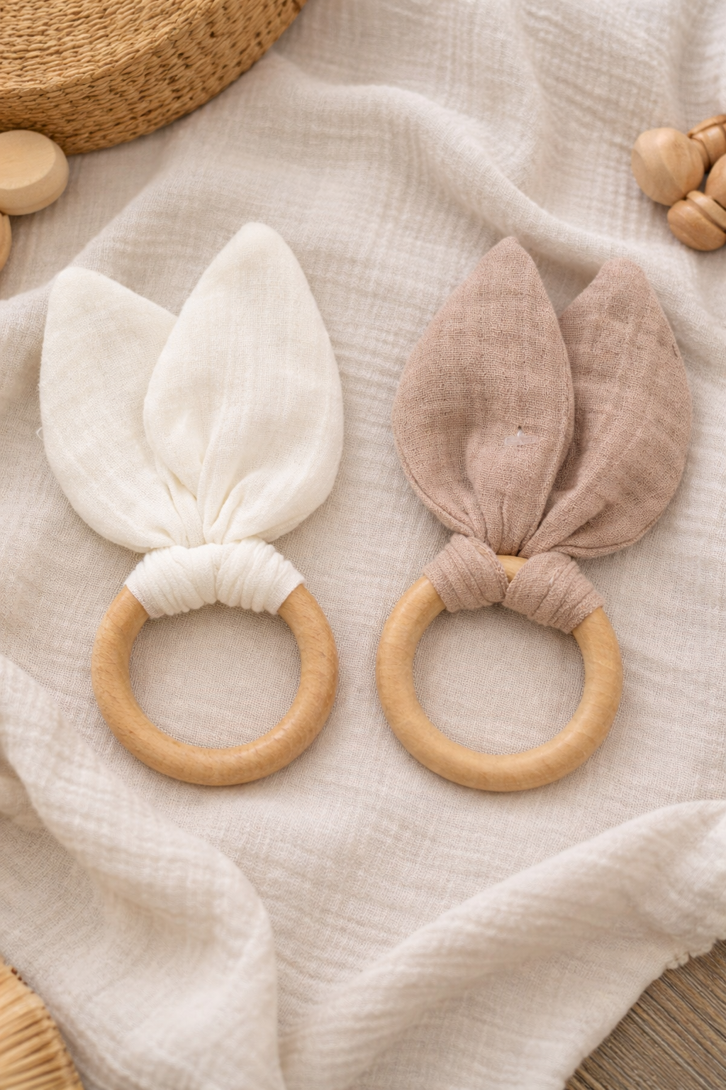 Anneau de dentition bébé en bois et coton oreilles de lapin