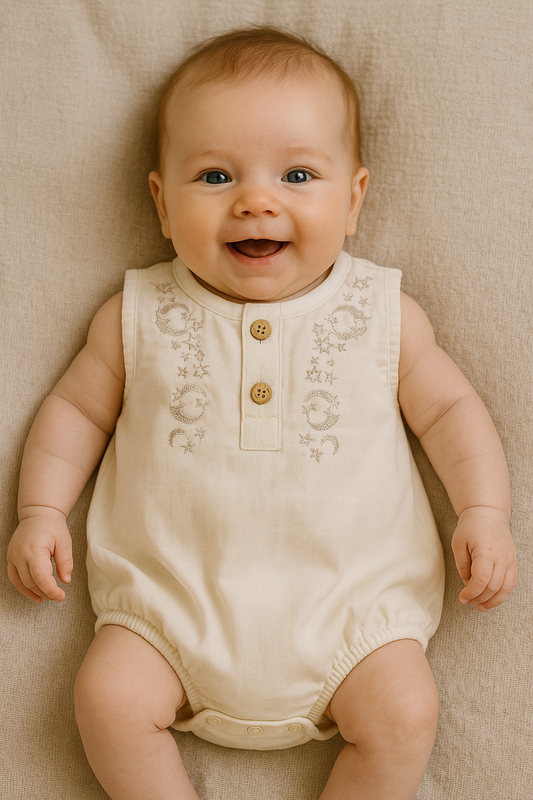 Barboteuse bébé fille beige brodée lune et étoiles 100 % coton 3 à 12 mois