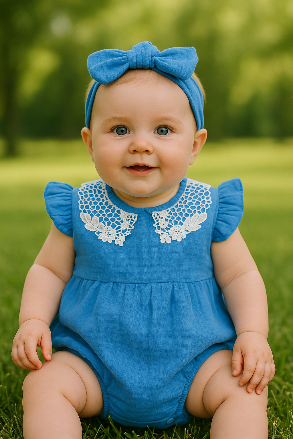 Barboteuse bébé fille bleu roi en gaze de coton avec bandeau 6 à 9 mois