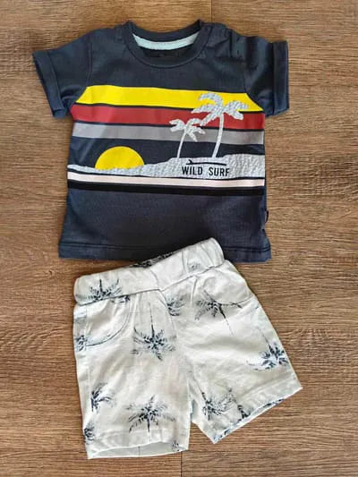 Ensemble bébé Wild Surf, short palmier coton taille de 6 à 18 mois ref 16902 ALL FOR KIDS