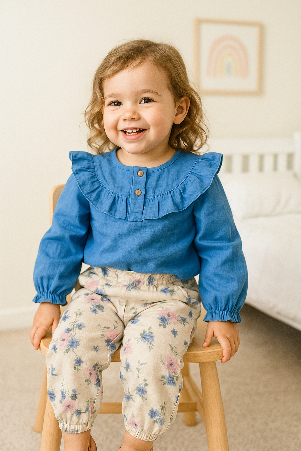 Ensemble fille coton blouse bleue et pantalon fleuri léger ref 2614 ALL FOR KIDS