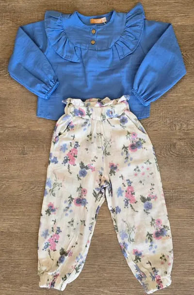 Ensemble fille coton blouse bleue et pantalon fleuri léger ref 2614 ALL FOR KIDS