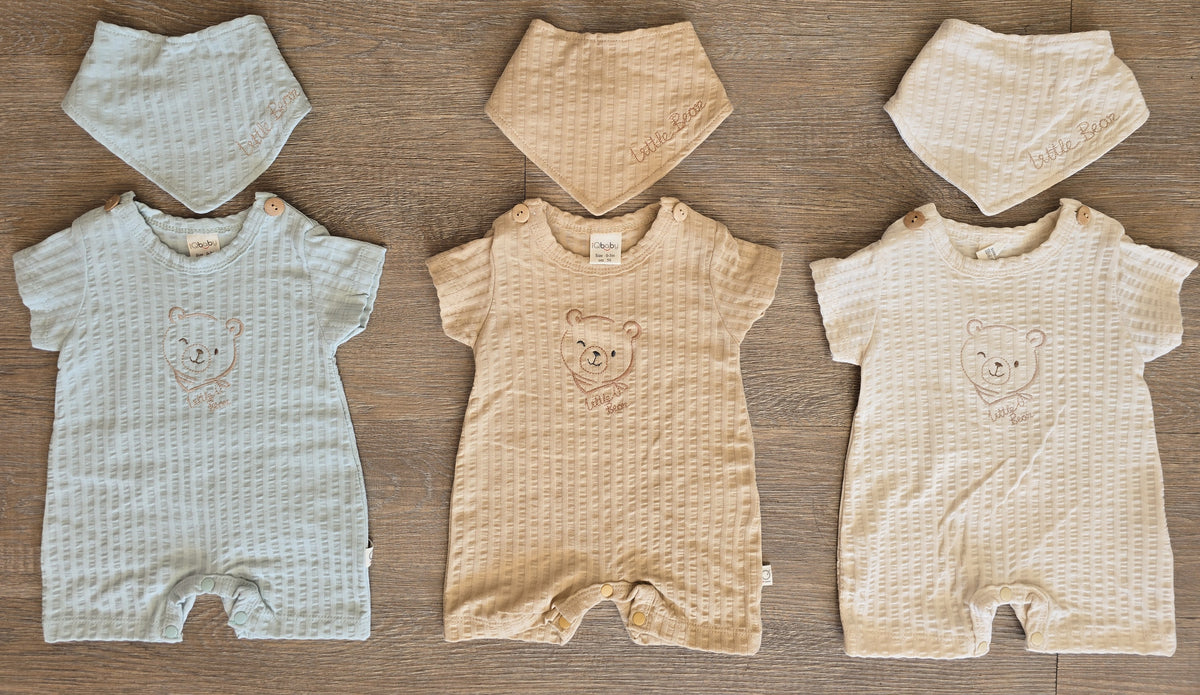 Body bébé beige 100 % coton avec bandana ourson assorti
