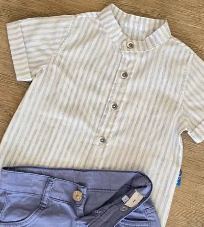 Chemisette rayée bébé garçon et bermuda vert tenue élégante