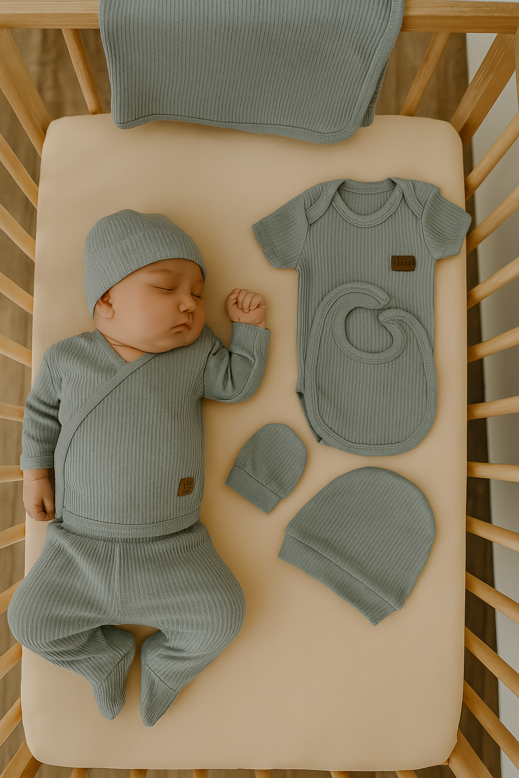 Coffret naissance bébé 7 pièces 100 % coton bleu gris