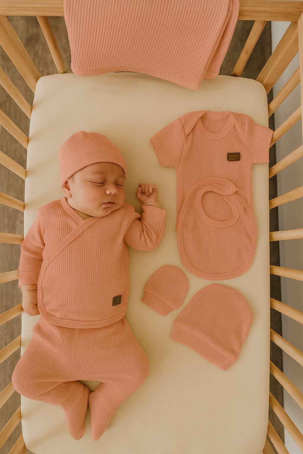 Coffret naissance bébé vieux rose 7 pièces 100 % coton