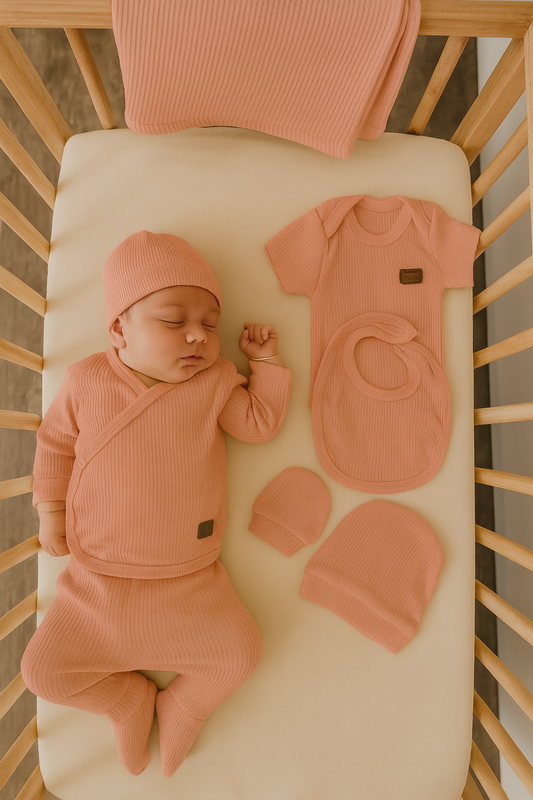 Coffret naissance bébé vieux rose 7 pièces 100 % coton