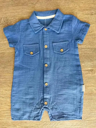 Combinaison bébé bleue en gaze de coton, vue 2