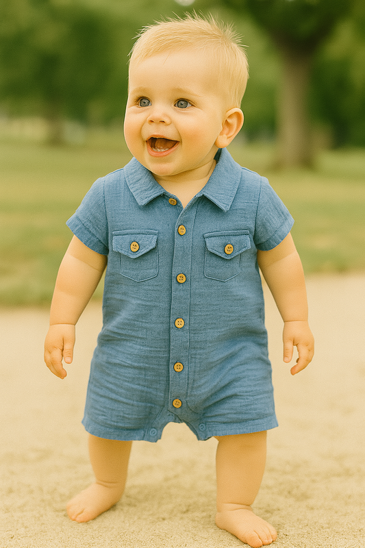 Combinaison bébé bleue 100 % gaze de coton