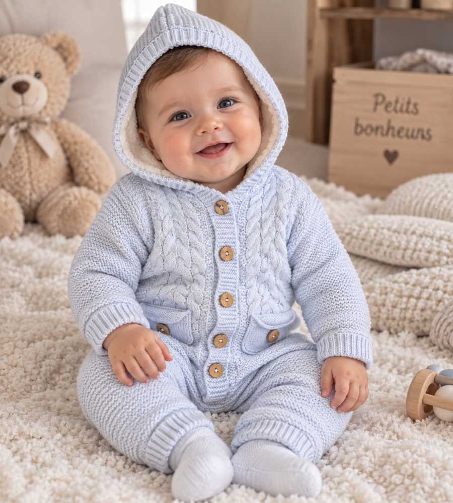 Combinaison bébé bleue 100 % laine 6-12 mois