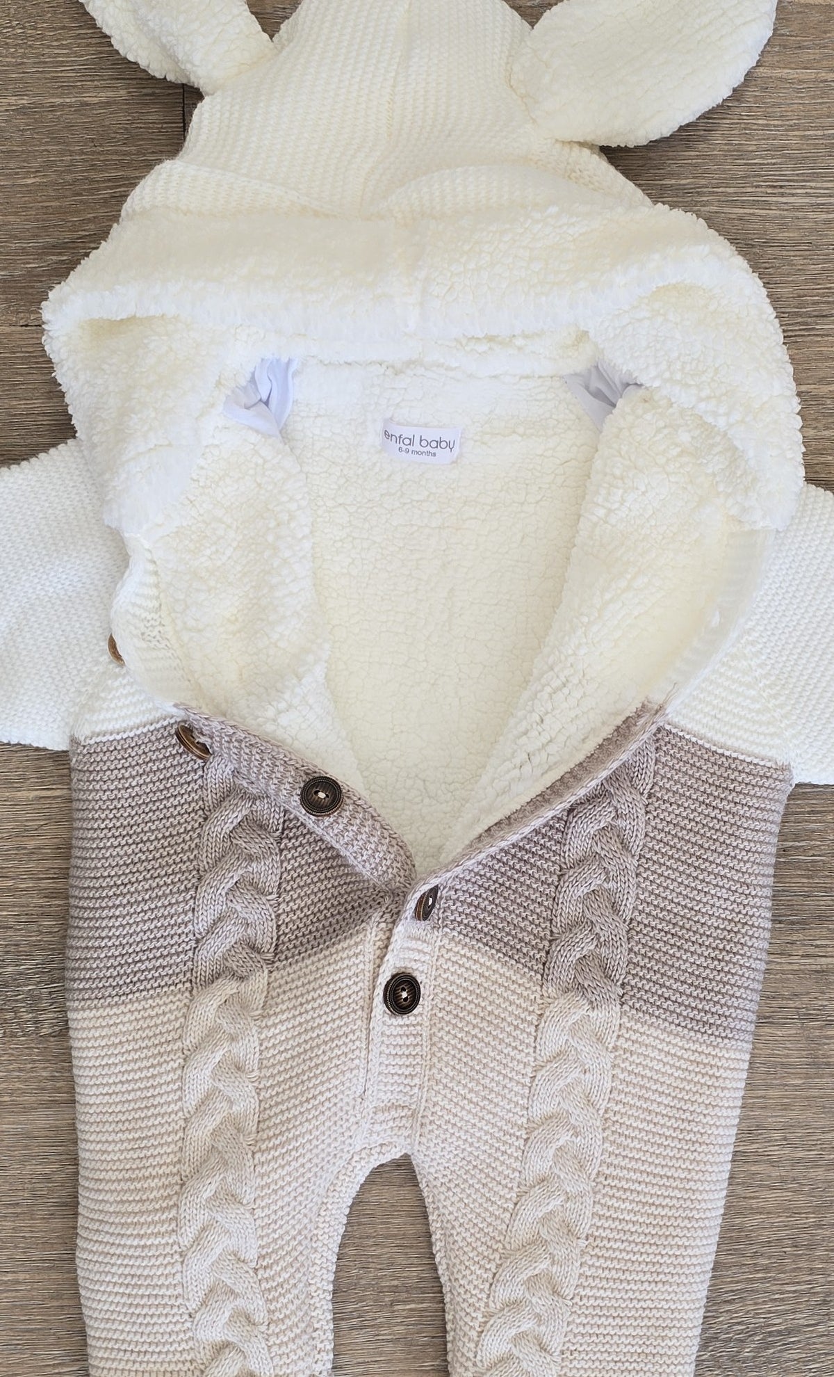Combinaison bébé en laine écru et taupe en maille torsadée All for Kids