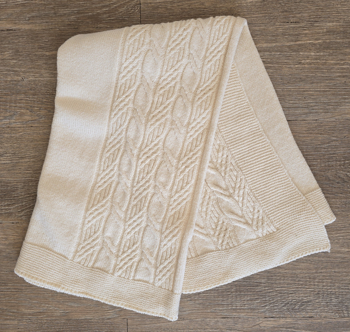 Couverture bébé beige 100 % laine en maille, dimensions 83 x 83 cm