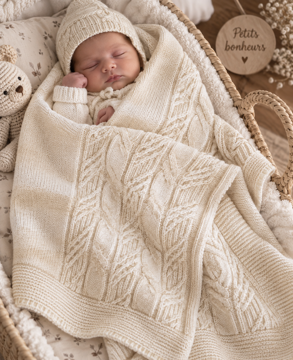 Bébé avec couverture beige 100 % laine 83 x 83 cm
