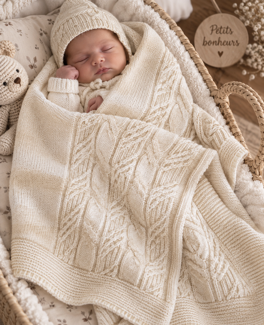 Bébé avec couverture beige 100 % laine 83 x 83 cm