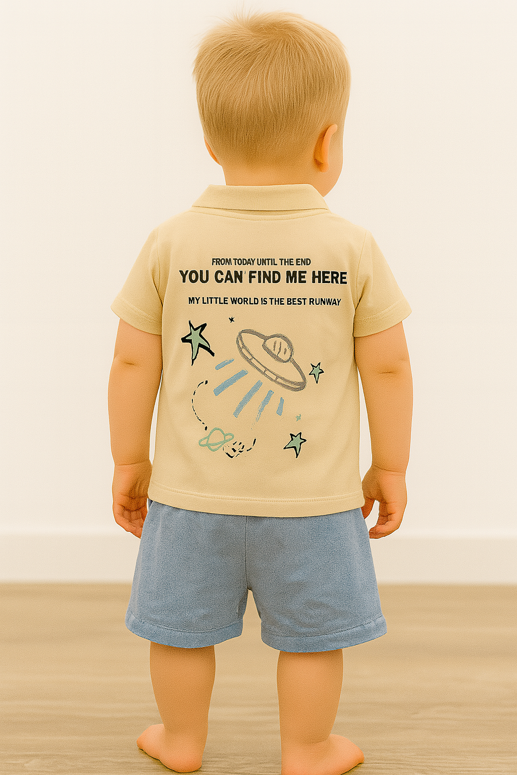 Dos du polo beige bébé garçon imprimé espace avec short bleu