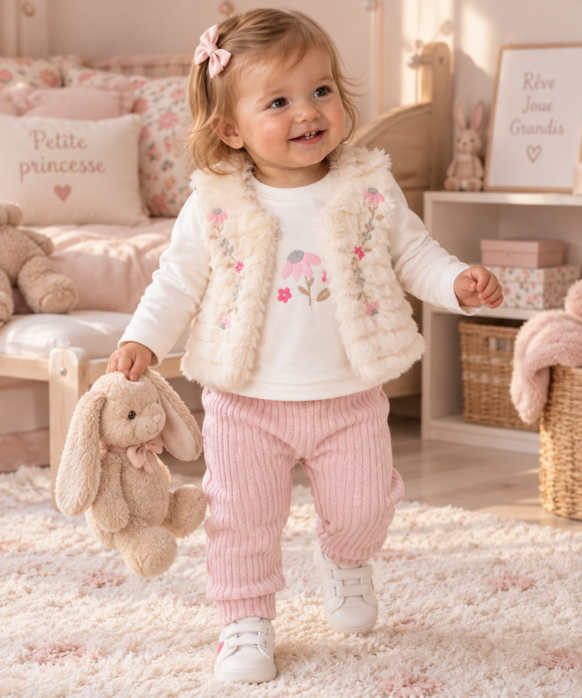 Ensemble bébé fille 3 pièces coton avec gilet sans manches 3 à 18 mois