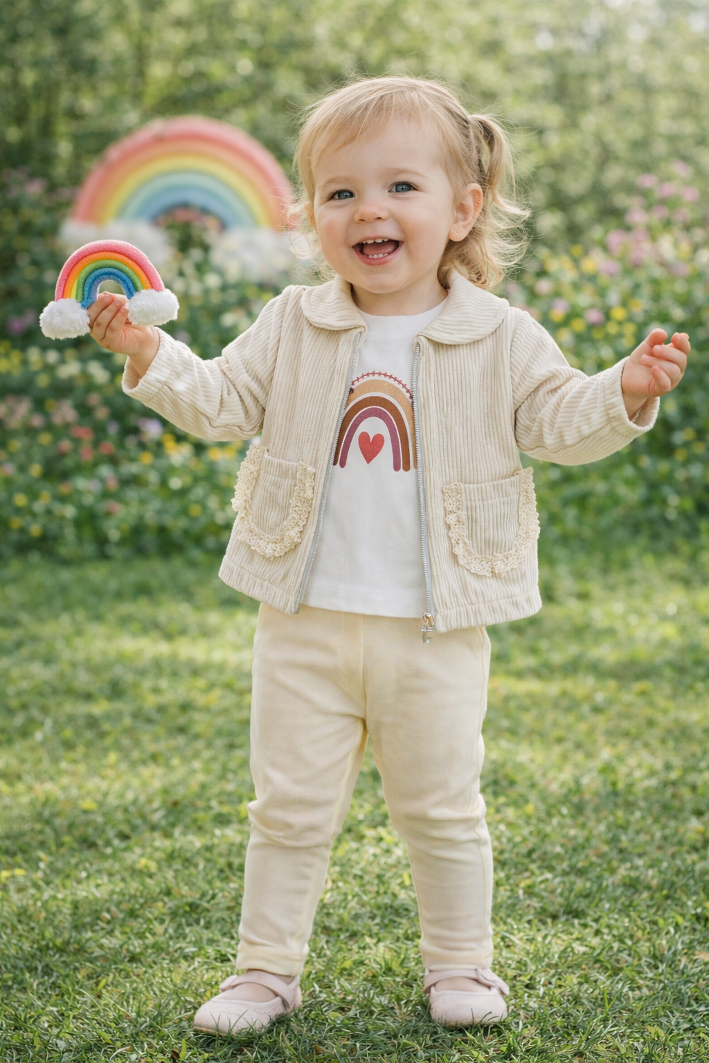 Ensemble bébé fille arc-en-ciel et dentelle 3 pièces 100 % coton 6-12 mois