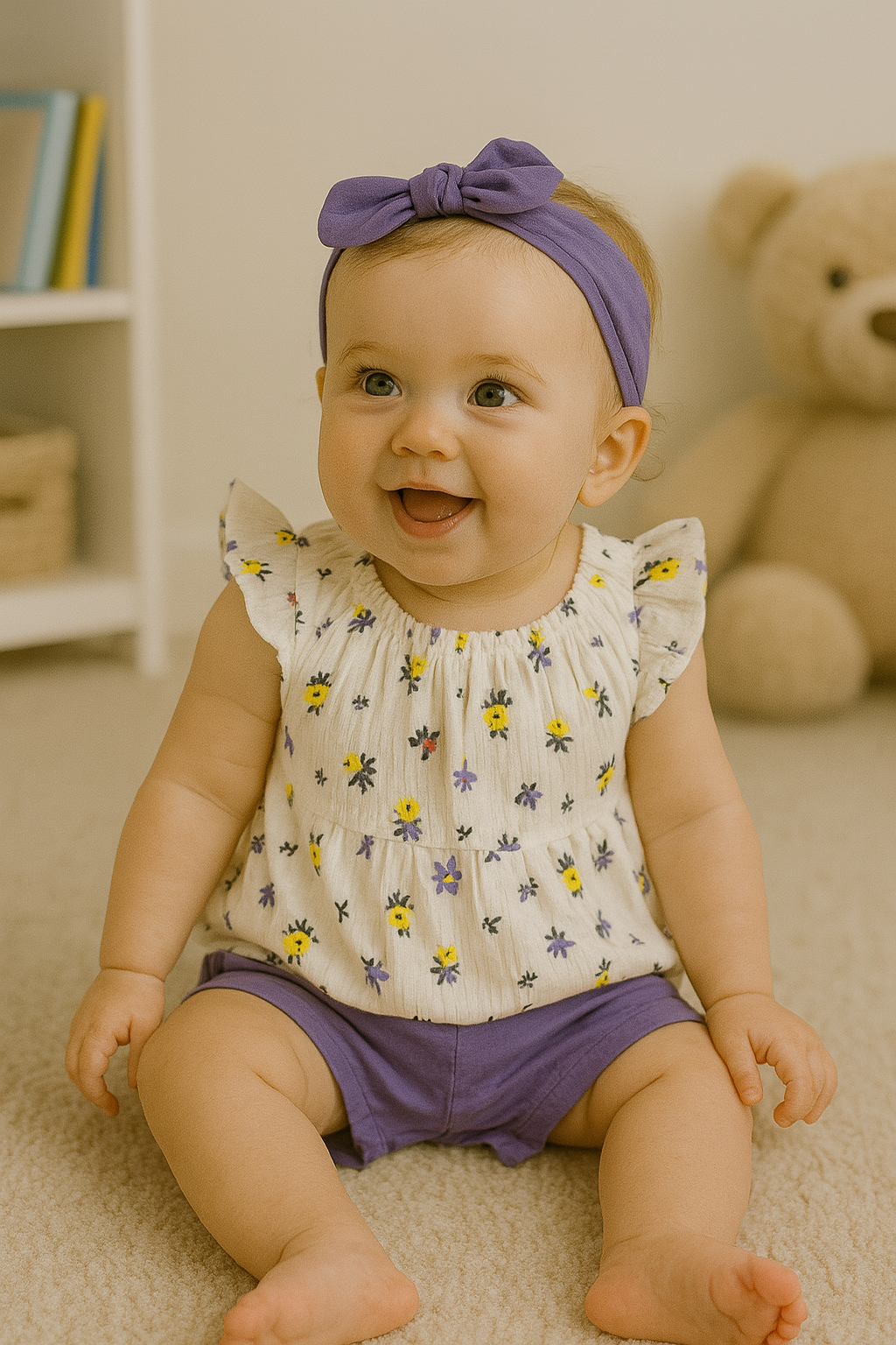 Ensemble bébé fille fleuri 3 pièces avec short lilas et bandeau 100 % coton 9 à 12 mois