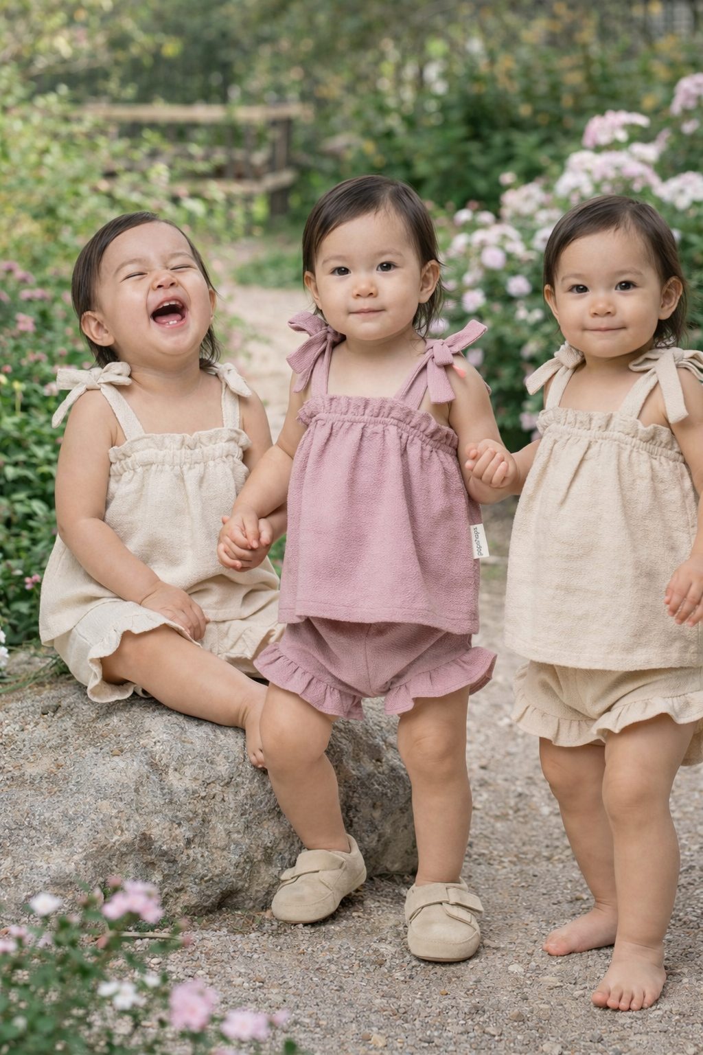 Ensemble bébé fille en gaze de coton beige crème ou vieux rose 6 à 18 mois