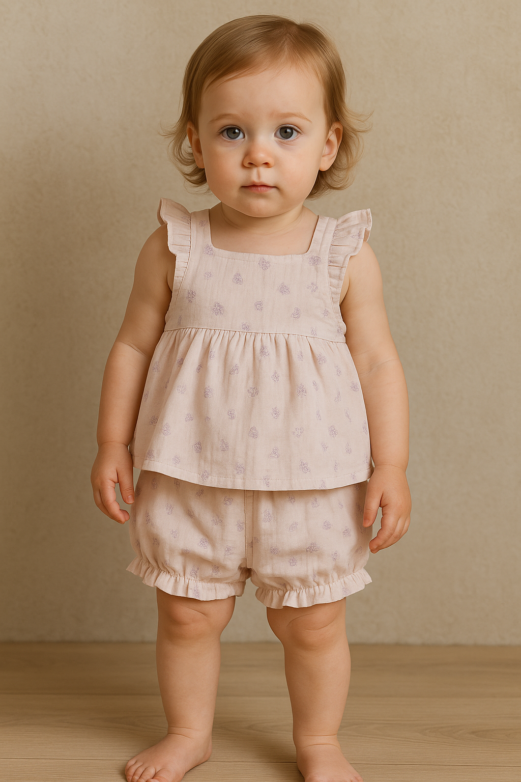 Ensemble bébé fille en gaze de coton haut à volants et bloomer 9 à 18 mois