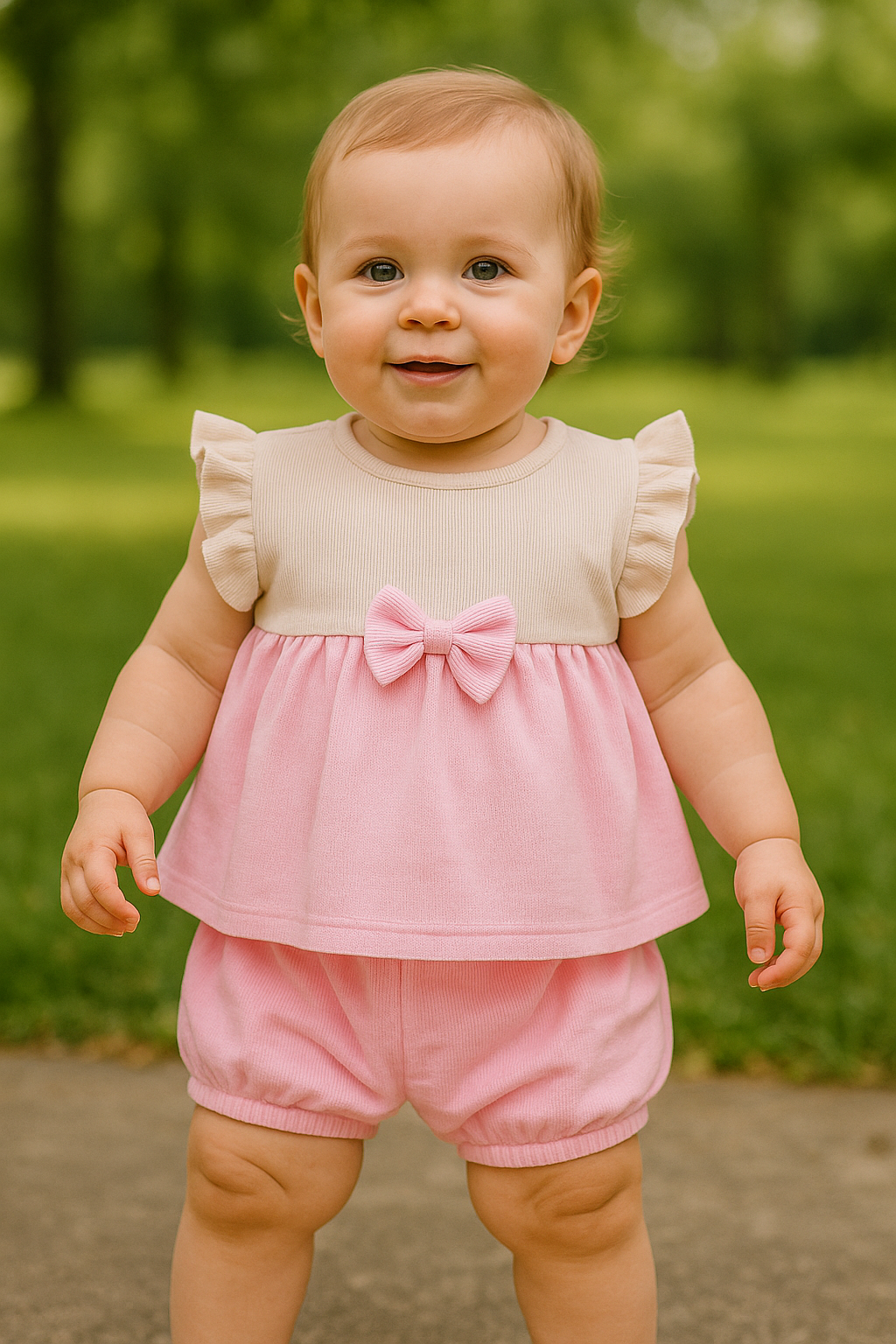 Ensemble bébé fille haut à volants et short rose 9 à 18 mois