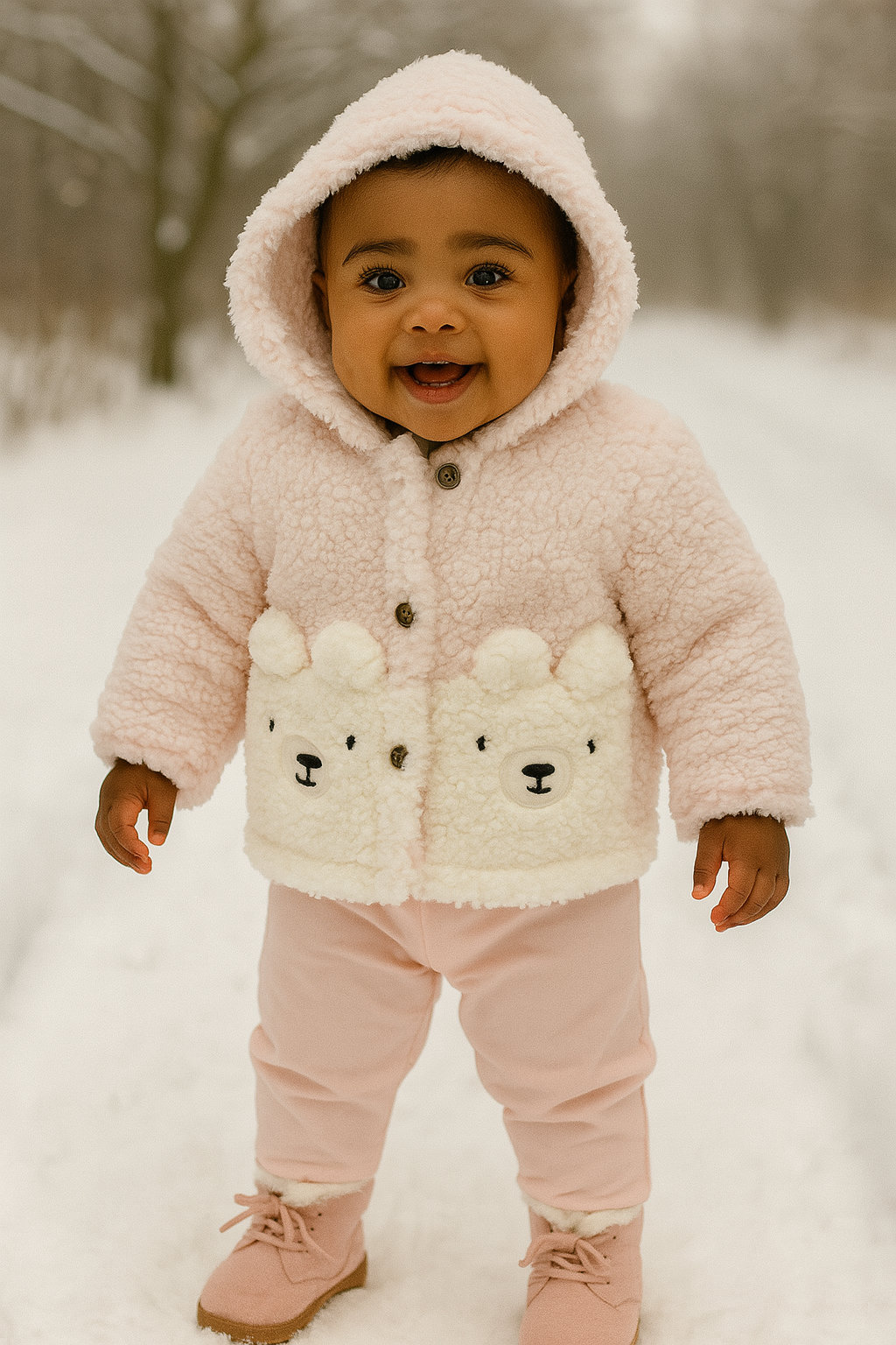 Ensemble bébé fille hiver 3 pièces avec manteau teddy rose, tee-shirt et pantalon - All for Kids