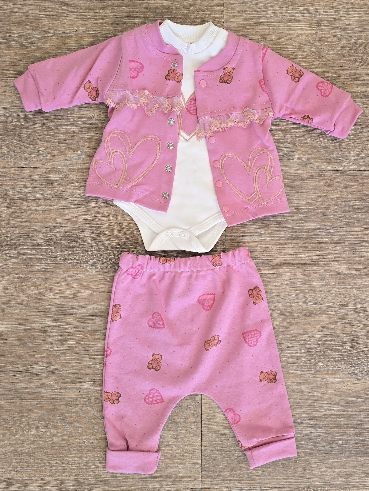 Veste, body manches longues et pantalon rose bébé fille - All for Kids