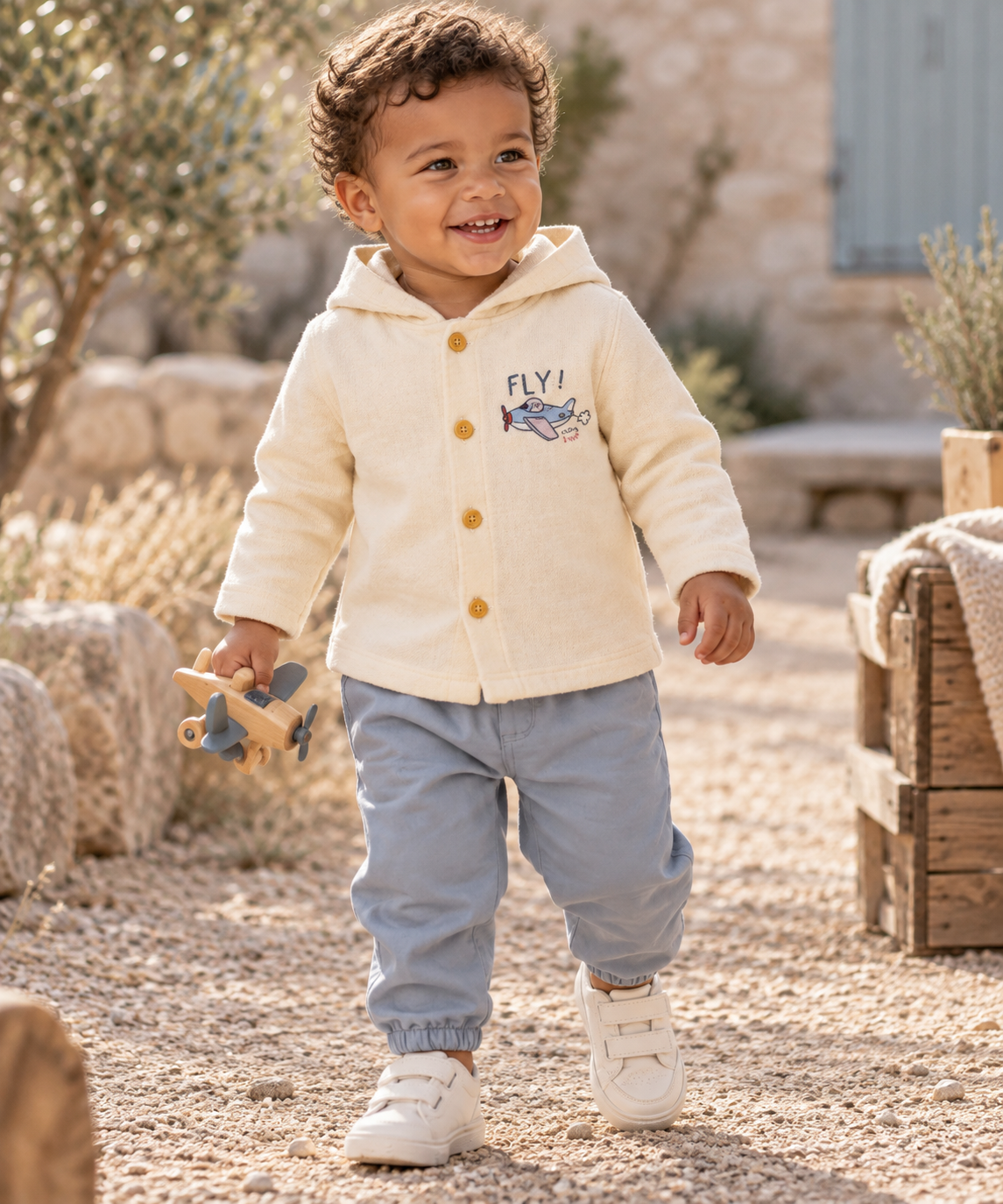 Ensemble bébé garçon 2 pièces 100 % coton écru et bleu gris 9 à 36 mois