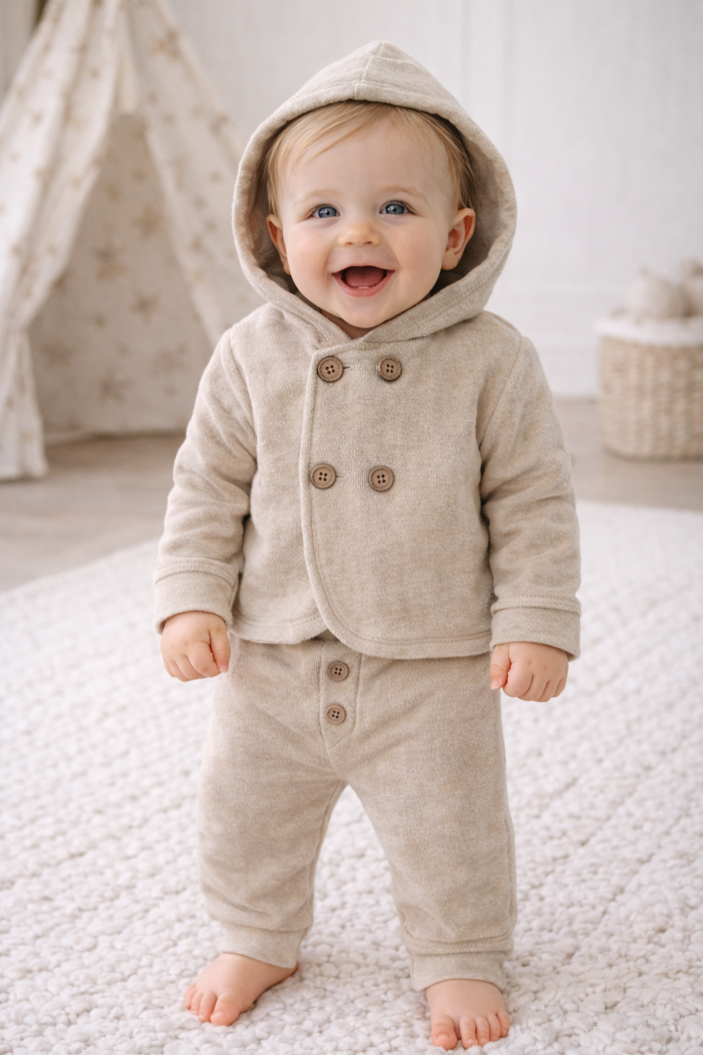 Ensemble bébé garçon beige 2 pièces 80 % coton tailles 3 et 12 mois All for Kids