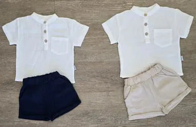 Ensemble bébé garçon haut blanc col mao et short beige en gaze de coton