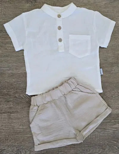 Ensemble bébé garçon haut blanc col mao et short marine en gaze de coton