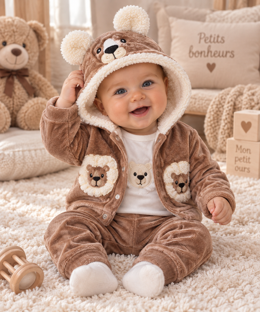 Bébé garçon portant l’ensemble lion 3 pièces en velours marron