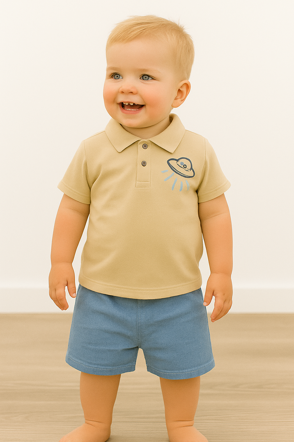 Ensemble bébé garçon polo beige et short bleu 100 % coton 9 à 18 mois