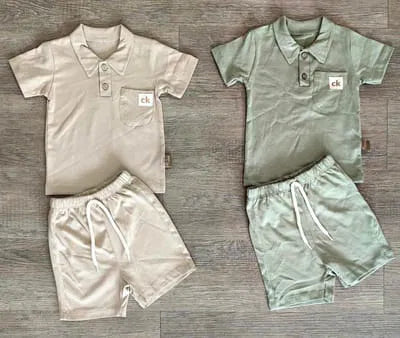 Ensemble bébé garçon polo et short coton vert et crème