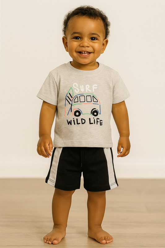 Ensemble bébé garçon Surf tee-shirt gris et short noir 100 % coton 24 mois