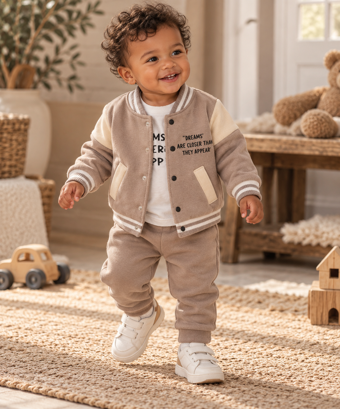Ensemble bébé garçon teddy 3 pièces 100 % coton beige 9 à 36 mois