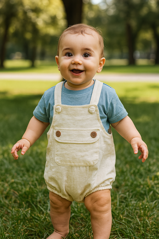 Ensemble bébé garçon tee-shirt bleu et barboteuse en lin beige 9 à 12 mois